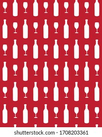 Vector seamless pattern of white sketch wine bottle and glass silhouette isolated on red background