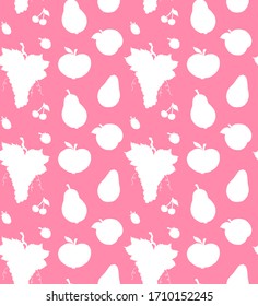 Vector seamless pattern of white sketch fruit and berries silhouette isolated on pink background