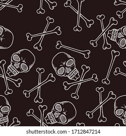 Vector Seamless Pattern of White Sketch Skulls on Black Background