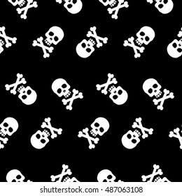 Vector seamless pattern white skulls with bones on a black background.