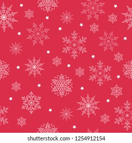 Vector seamless pattern of white snowflakes on a red background. Thin delicate lines silhouettes of different snow elements. New year ornament.