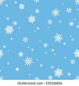 Vector seamless pattern with white snowflakes on a blue background.