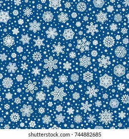 Vector seamless pattern of white snowflakes on dark blue background for christmas or new year 2019 holiday cards, banners, wrapping paper and other winter decoration. Vector EPS 10
