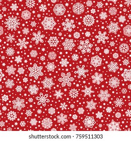 Vector seamless pattern of white snowflakes on bright red background for christmas or new year 2019 holiday cards, banners, wrapping paper and other winter decoration. Vector EPS 10