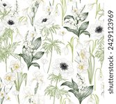 Vector seamless pattern of white spring flowers. Daffodils, lilies of the valley, snowdrops, irises, anemones, crocuses