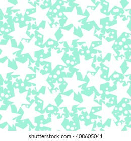 Vector seamless pattern with white stars and dots on mint green background. Fun ditsy print with night sky, constellations and twinkle lights. Concept of astrology and birthday and holiday spirit