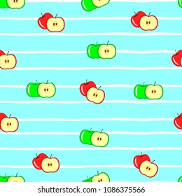vector seamless pattern with white stripe hand drawn and set of green and red apple on light blue background, cute fruit wallpaper flat design