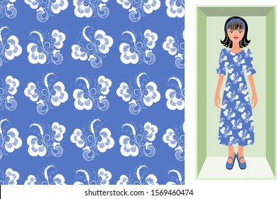 Vector seamless pattern with white strokes pattern. Fabric, wallpaper, wrapping paper. Cartoon brunette doll in a cardboard box in a nightgown with a picture of a white bird on a blue sky background