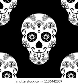 Vector seamless pattern of white sugar skull with floral ethnic ornament on black background. Illustration for Mexican Day of the Dead