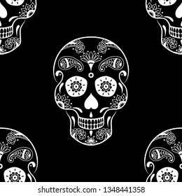 Vector seamless pattern of white sugar skull with floral ethnic ornament on black background. Illustration for Mexican Day of the Dead