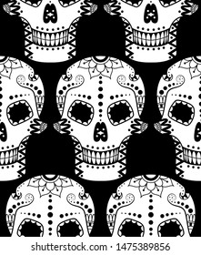 Vector seamless pattern of white sugar skull with ethnic ornament on black background. Illustration for Mexican Day of the Dead