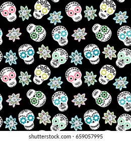 Vector seamless pattern with white sugar skulls with floral elements and decorative flowers on black background