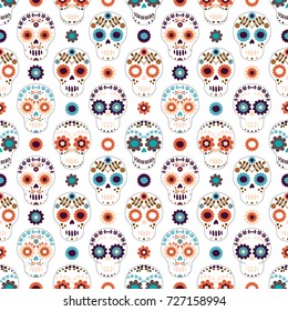 Vector seamless pattern with white sugar skulls and flowers for clothing designs