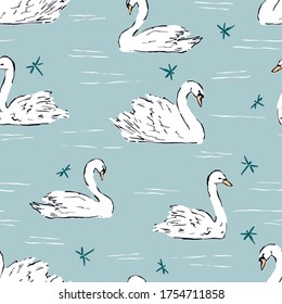 Vector seamless pattern with white swans on the lake. Hand drawn cute illustration great for scrapbook or wallpaper.