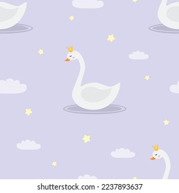 Vector seamless pattern with white swans on the lake on purple background in cartoon style

