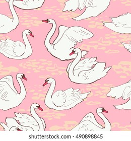 Vector seamless pattern with white swans swimming in the lake with inky texture in vintage style
