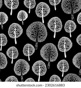 Vector seamless pattern with white trees silhouettes isolated on black background in doodle style. Cute childish design for create textile, wallpaper, wall panel, poster, bedding, organic package.