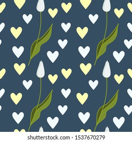 Vector seamless pattern with white tulips and hearts.