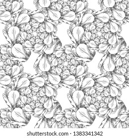 Vector seamless pattern with white twisted petals of peonies. Hand drawn illustration of peonies. 1