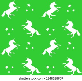 Vector seamless pattern of white unicorn silhouette with stars isolated on white 