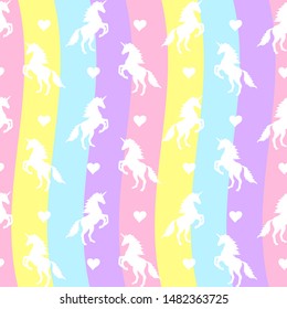 Vector seamless pattern of white unicorn silhouette isolated on pastel rainbow background