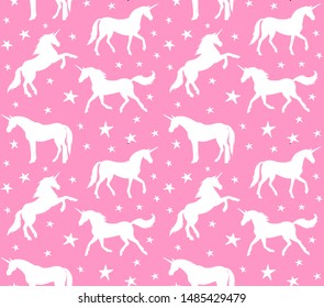 Vector seamless pattern of white unicorn silhouette isolated on pastel pink background
