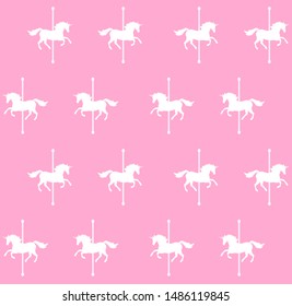 Vector seamless pattern of white unicorn carousel isolated on pink background