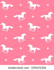 Vector seamless pattern of white unicorn silhouette and stars isolated on pink background