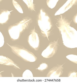 Vector seamless pattern with white watercolor feathers on beige background