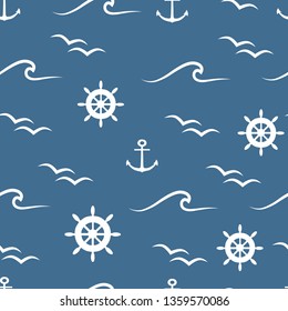 Vector seamless pattern with white wheel, waves, birds and anchors on dark blue background. Great as a textile print, party invitation or packaging.