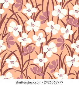 Vector seamless pattern with white wild flowers on a delicate peach background