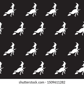 Vector seamless pattern of white witch silhouette flying broom isolated on black background. Halloween illustration