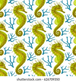 Vector Seamless Pattern whith Seahorse. Green Thorny Hippocampus and Blue Coral Isolated on White Background. Use for Sea Wallpaper, Gift Wrap or Wrapping Paper