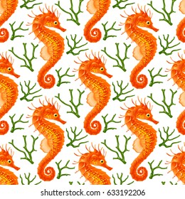 Vector Seamless Pattern whith Seahorse. Red Thorny Hippocampus and Green Coral Isolated on White Background. Use for Sea Wallpaper, Gift Wrap or Wrapping Paper