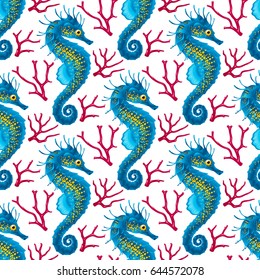 Vector Seamless Pattern whith Seahorse. Blue Thorny Hippocampus and Pink Coral Isolated on White Background. Use for Sea Wallpaper, Gift Wrap or Wrapping Paper