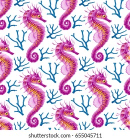 Vector Seamless Pattern whith Seahorse. Purple Thorny Hippocampus and Blue Coral Isolated on White Background. Use for Sea Wallpaper, Gift Wrap or Wrapping Paper