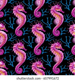 Vector Seamless Pattern whith Seahorse. Purple Thorny Hippocampus and Blue Coral Isolated on Black Background. Use for Sea Wallpaper, Gift Wrap or Wrapping Paper