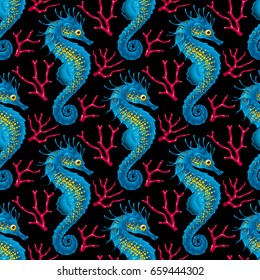 Vector Seamless Pattern whith Seahorse. Blue Thorny Hippocampus and Pink Coral Isolated on Black Background. Use for Sea Wallpaper, Gift Wrap or Wrapping Paper