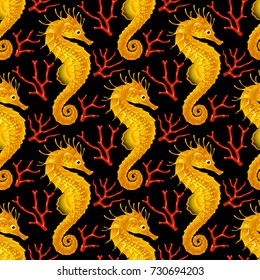 Vector Seamless Pattern whith Seahorse. Yellow Thorny Hippocampus and Red Coral Isolated on Black Background. Use for Sea Wallpaper, Gift Wrap or Wrapping Paper