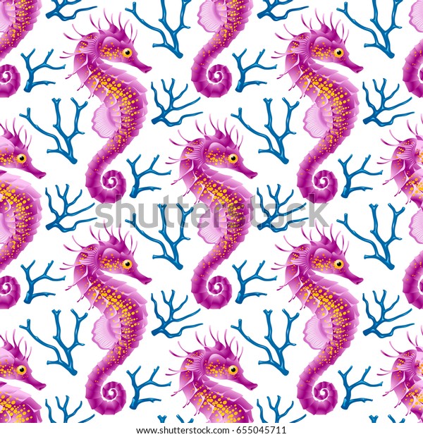 Vector Seamless Pattern whith\
Seahorse. Purple Thorny Hippocampus and Blue Coral Isolated on\
White Background. Use for Sea Wallpaper, Gift Wrap or Wrapping\
Paper