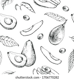 Vector seamless pattern with whole avocado, sliced pieces, half, leaf and seed. Vintage sketches hand drawn illustration background. Line art style.