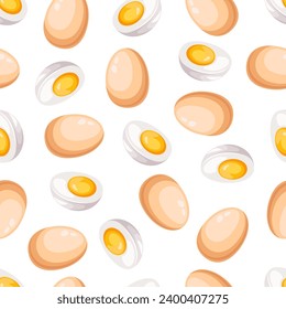 Vector seamless pattern with whole chicken eggs and egg halves on a white background. Raw and boiled eggs. Sliced egg. White and yolk