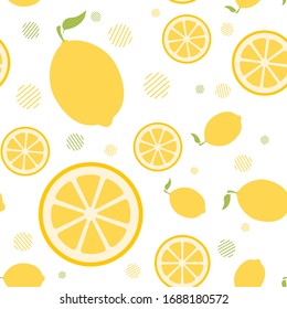 Vector seamless pattern with whole lemons and slices on a white background. Bright summer pattern. Picture for packaging. Sour tropical fruit. Flat minimalistic lemon with a stem and leaf.