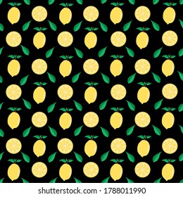 Vector seamless pattern with whole lemons and slices on a white background. Bright summer pattern. Picture for packaging. Sour tropical fruit. Flat minimalistic lemon with a stem and leaf.