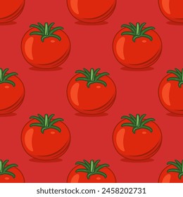 Vector Seamless Pattern with Whole Red Tomato on Red Background. Fresh Tomato Print for Textile, Paper