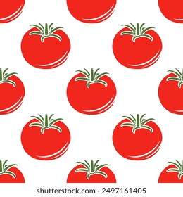 Vector Seamless Pattern with Whole Red Tomato on White Background. Fresh Tomato Print for Textile, Paper