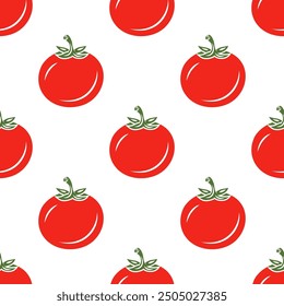 Vector Seamless Pattern with Whole Red Tomato on White Background. Fresh Tomato Print for Textile, Paper