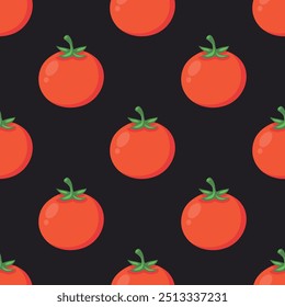 Vector Seamless Pattern with Whole Red Tomato on Black Background. Fresh Tomato Pattern for Textile, Paper and Home Decor. Tomato Print Design for Fabric. Tomato Illustration, Seamless Pattern