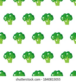 Vector seamless pattern with whole ripe green broccoli isolated on white background for web, print, wrapping, cloth texture or wallpaper.