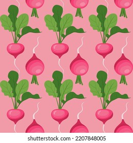 Vector seamless pattern with whole ripe radishes in a flat style on a pink background. Illustration for print, wrapping paper, wallpaper, fabric, design.